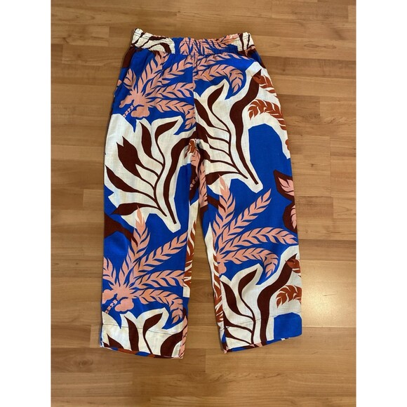 H&M Leaf‎ Print Pants Size M Linen Viscose Blend Elastic Waist Beachy Coastal - Picture 1 of 7
